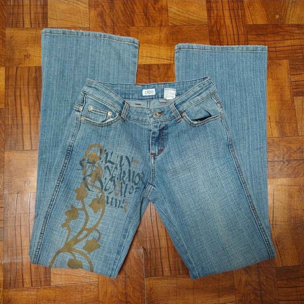 Vtg 90s Y2K Cache Carpe Diem Tattoo Print Blue Jeans Women's Size 2 Flare